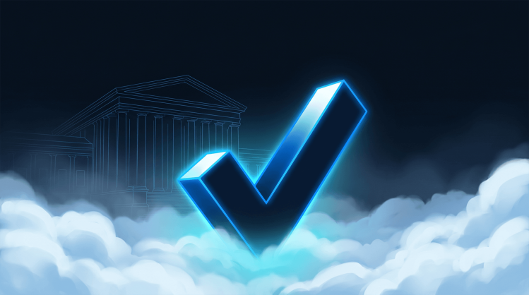 Digital illustration of a large, glowing neon blue checkmark floating among clouds with a classical government building in the background, symbolizing regulatory framework compliance.