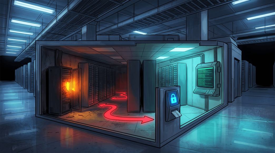 Digital illustration of a data center cross-section showing an adversarial path indicated by glowing red arrows originating from a breached, orange-lit server rack and moving laterally toward a secured, cyan-lit server enclosure with a locked terminal.