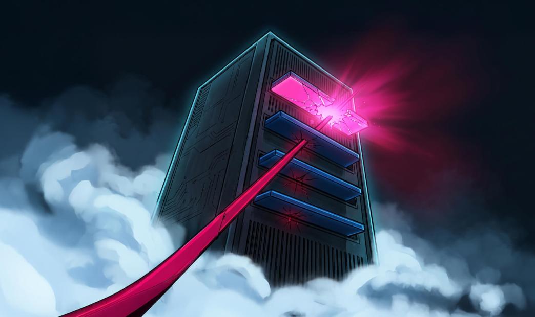 A stylized graphic of a digital datacenter tower being attacked on a specific shelf