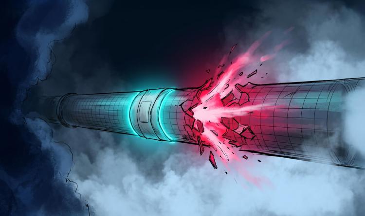 A stylized graphic of a pipeline rupturing from an attack