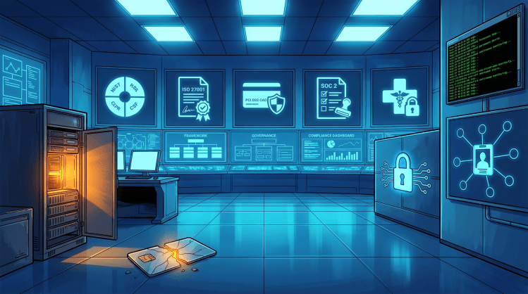 A vast security command center with wall-mounted compliance framework panels — NIST, ISO, PCI DSS, SOC 2, and HIPAA — glowing in electric blue alongside threat and defense props embedded in the scene
