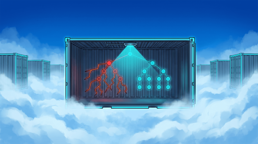 A cross-section shipping container in a cloudscape reveals its internal process tree — healthy nodes glowing cyan on the right, a malicious process branching red on the left, with rows of containers fading into the cloud behind