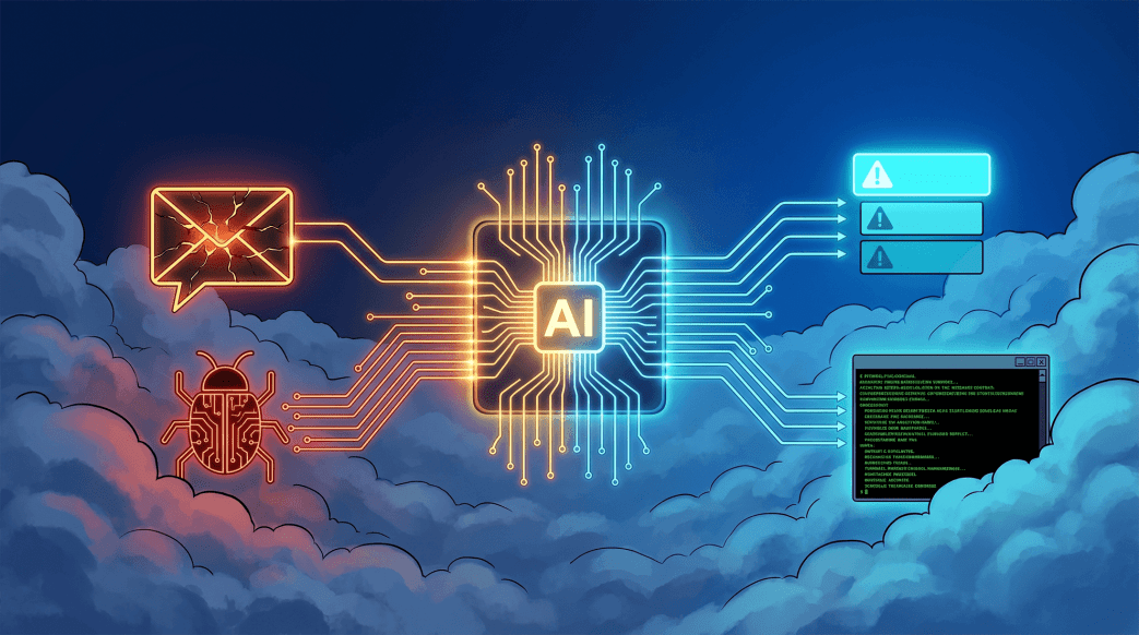 Digital illustration of a central AI microchip on a cloudy background, processing threats from the left—such as a cracked message bubble and a bug icon—and outputting cybersecurity solutions on the right, including prioritized alert windows and a remediation code terminal.