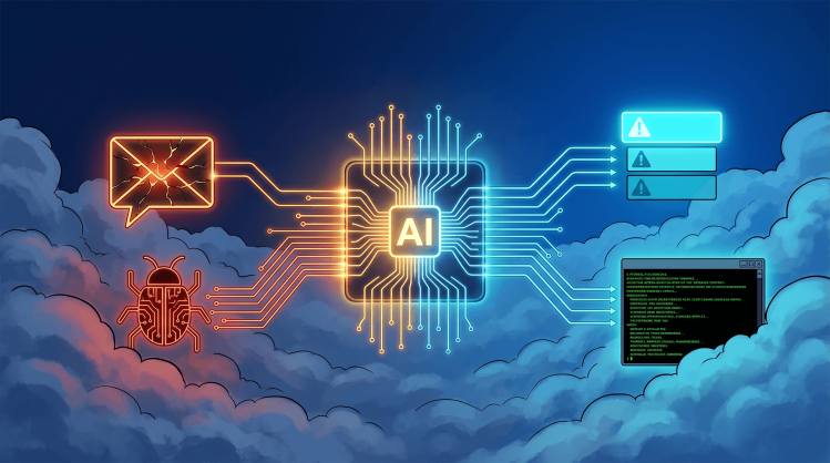 Digital illustration of a central AI microchip on a cloudy background, processing threats from the left—such as a cracked message bubble and a bug icon—and outputting cybersecurity solutions on the right, including prioritized alert windows and a remediation code terminal.