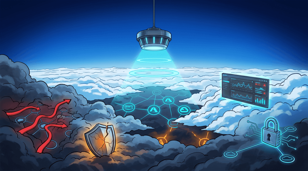 A sonar emitter in clear blue sky pulses downward into a dramatic cloud layer, revealing a multi-cloud node topology glowing cyan where scanned and amber where exposed