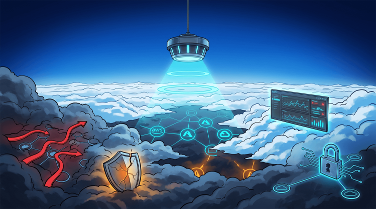 A sonar emitter in clear blue sky pulses downward into a dramatic cloud layer, revealing a multi-cloud node topology glowing cyan where scanned and amber where exposed
