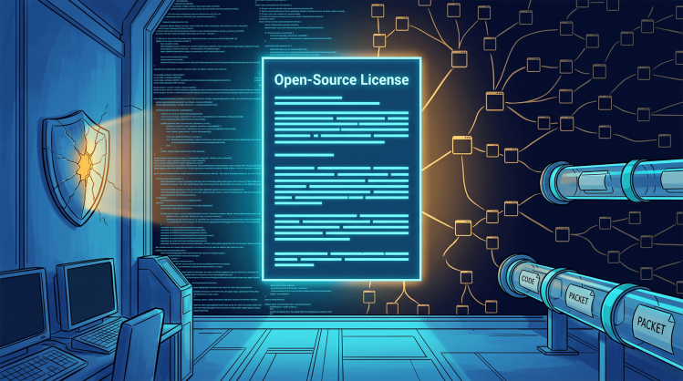 Open-source license document glowing at the threshold between a terminal room and a branching code network, flanked by a cracked compliance shield and a clean flowing pipeline