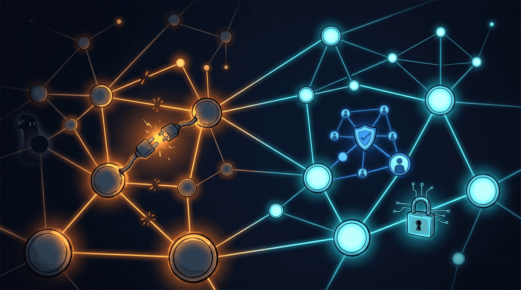 A vast dark network of SaaS application nodes glowing cyan where governed and amber where exposed, with a rogue shadow app at the edge and a broken OAuth connector sparking at a node junction