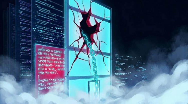 Digital illustration of a shattered window pane with a hanging chain amid floating code matrices, symbolizing a template engine sandbox breakout.