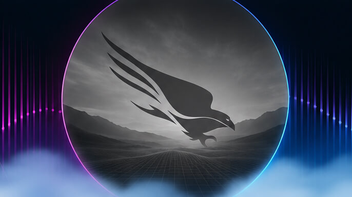 Digital abstract graphic featuring a falcon silhouette framed by a neon portal for a guide on top CrowdStrike alternatives in cloud security.