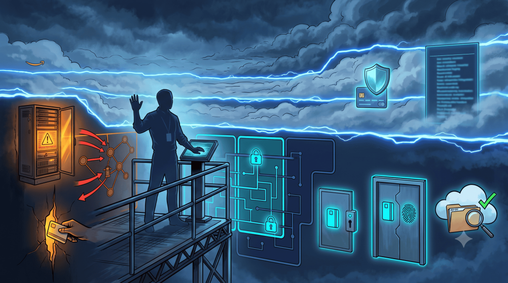 Digital illustration of a security specialist managing a console, contrasting background payment data breaches with secure, encrypted cloud pathways.