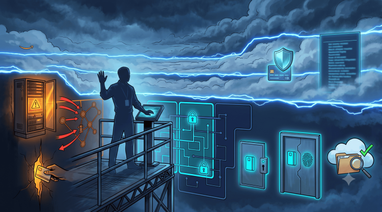 Digital illustration of a security specialist managing a console, contrasting background payment data breaches with secure, encrypted cloud pathways.