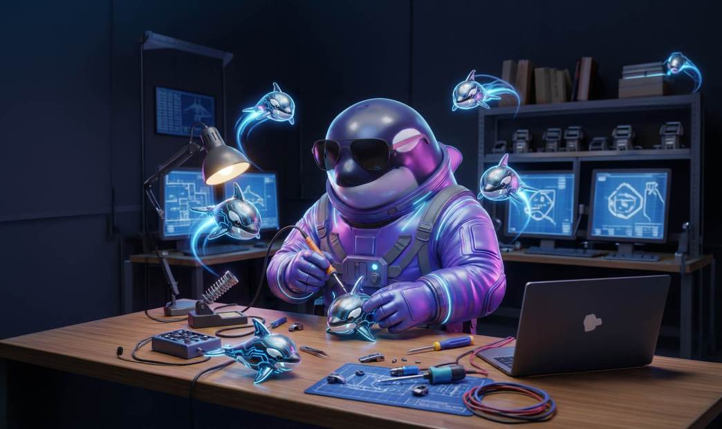 Digital illustration of a purple robotic orca wearing sunglasses assembling futuristic mini swimming orca drones at a tech workbench.