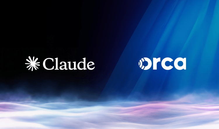 Co-branded banner featuring the Claude AI logo alongside the Orca Security logo against a glowing blue atmospheric background.