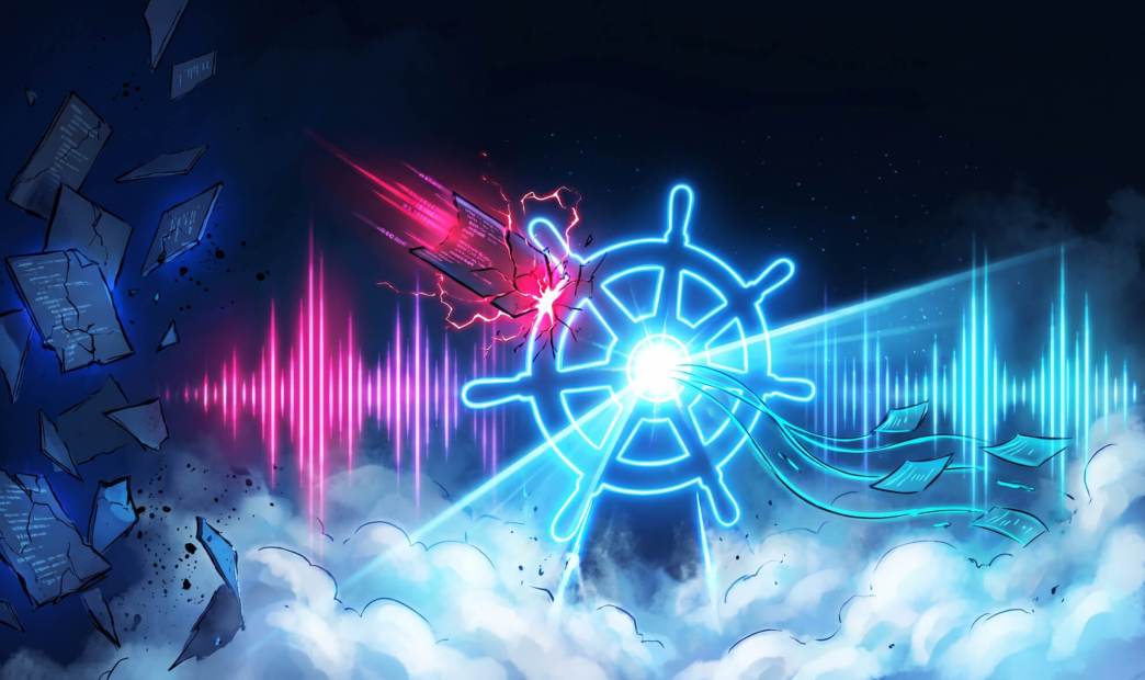 Digital illustration of a central glowing neon blue Kubernetes helm icon above the clouds, contrasting a security threat on the left—where a pink energy beam and red lightning crack the helm amidst shattered code fragments—with streamlined visibility and protection on the right, where bright cyan light rays and organized documents flow smoothly.