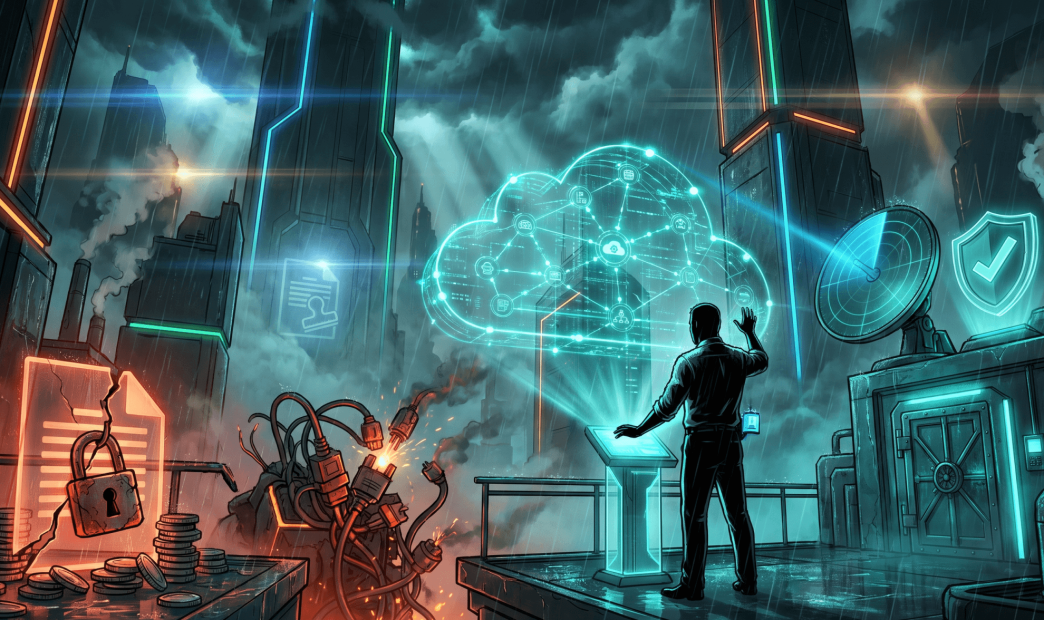 Digital illustration of a security specialist operating a glowing cloud network hologram, contrasting background cloud risks and data breaches with secure cloud visibility.