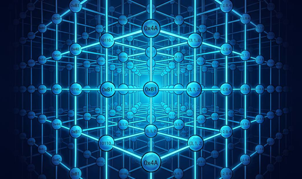 Digital illustration of a complex 3D lattice network of glowing blue spheres and connecting lines receding into a bright central point, representing lattice-based post-quantum cryptography. The nodes display various mathematical coordinate vectors, binary strings, and hexadecimal values.