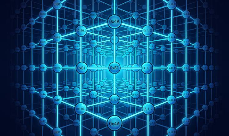 Digital illustration of a complex 3D lattice network of glowing blue spheres and connecting lines receding into a bright central point, representing lattice-based post-quantum cryptography. The nodes display various mathematical coordinate vectors, binary strings, and hexadecimal values.