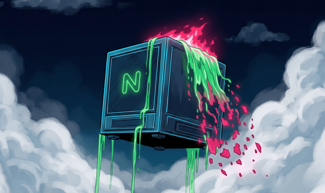 Digital illustration of a floating NGINX cube oozing green liquid and shattering in pink flames to represent a critical heap buffer overflow.