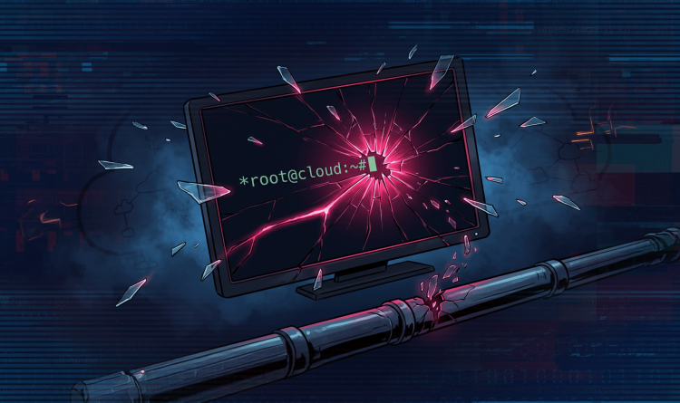 Digital illustration of a cracked monitor displaying root access on a cloud terminal, symbolizing a critical Ubuntu remote code execution exploit.