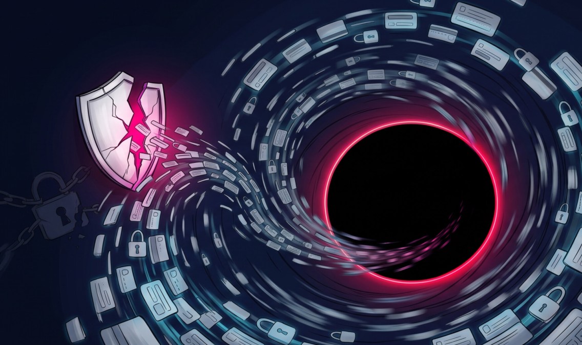 Digital illustration of a cracked, broken security shield emitting a bright pink glow as a massive stream of credentials and padlocks are harvested and sucked into a swirling black hole vortex with a neon pink rim.