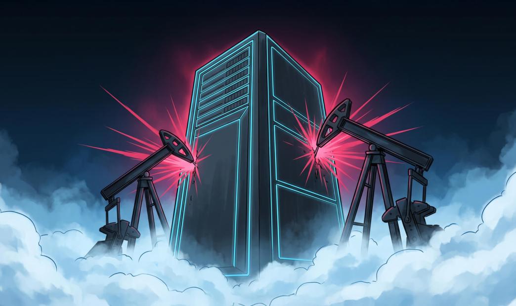Digital illustration of a large cloud server tower with neon blue trim being breached by two oil pumpjacks on either side, which emit glowing pink light flashes from the cracks, symbolizing a cryptomining exploitation attack.