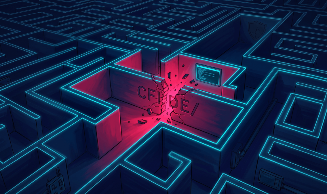 Digital illustration of a sprawling dark maze with neon blue outlines where a central wall has been shattered, splitting the etched text "CFIDE/" in half. A intense pink light glows from the breach, exposing a computer monitor displaying lines of code behind the broken wall to symbolize a critical security exploit.