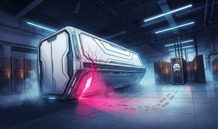 Illustration of a cracked AI container breaking open with footprints leading to a Hugging Face server rack, symbolizing an AI agent sandbox escape and container breach