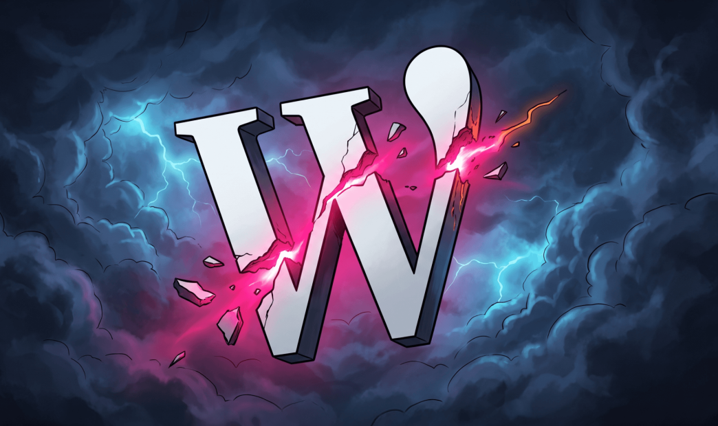 Digital illustration of a large white WordPress logo cracking in half with glowing pink energy against a dark stormy cloud backdrop, representing a core pre-authentication RCE vulnerability.