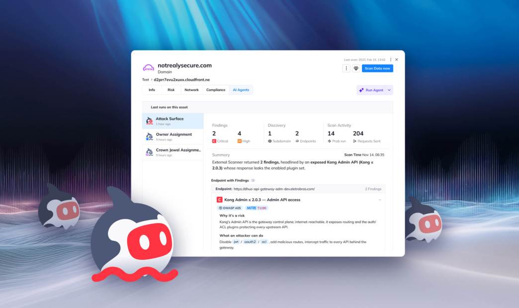 Orca Cloud Security Platform interface displaying an attack surface vulnerability report identifying an exposed Kong Admin API.
