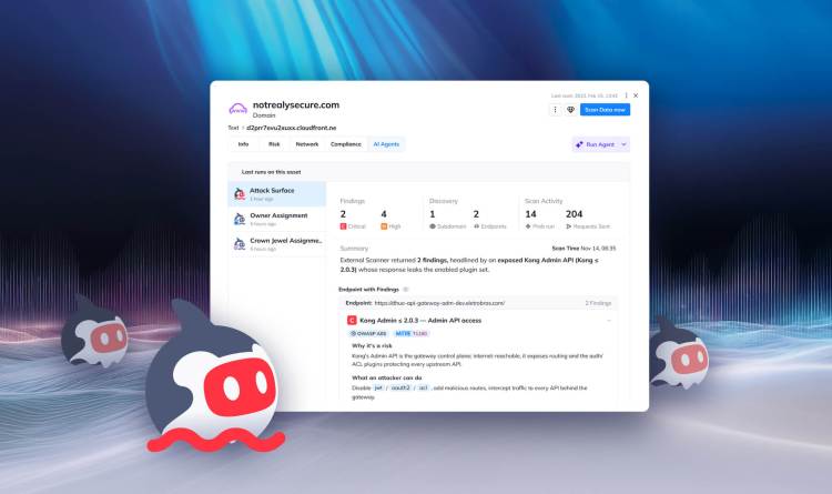 Orca Cloud Security Platform interface displaying an attack surface vulnerability report identifying an exposed Kong Admin API.