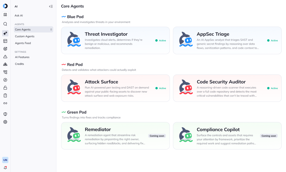 Orca Cloud Security Platform interface displaying AI Core Agents grouped into Blue, Red, and Green pods for threat analysis and remediation.