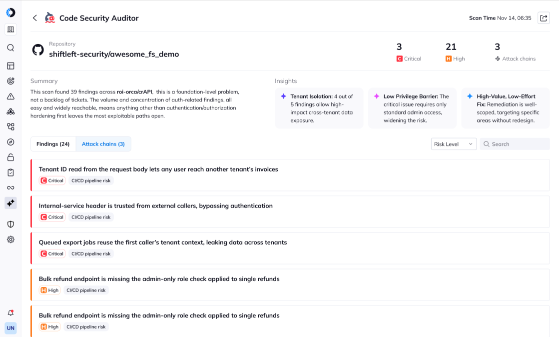 Orca Cloud Security Platform interface displaying an attack surface vulnerability report identifying an exposed Kong Admin API.