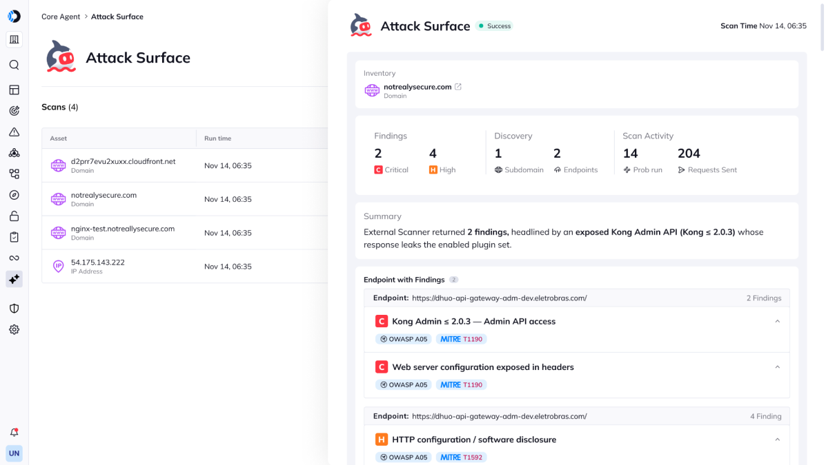 Orca Cloud Security Platform interface displaying Attack Surface scan results and vulnerability findings for an exposed Kong Admin API.