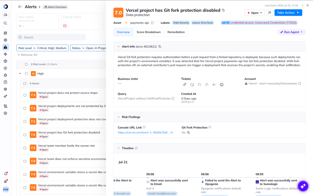 Orca Cloud Security Platform interface displaying a high-risk alert for disabled Git fork protection on a Vercel project.