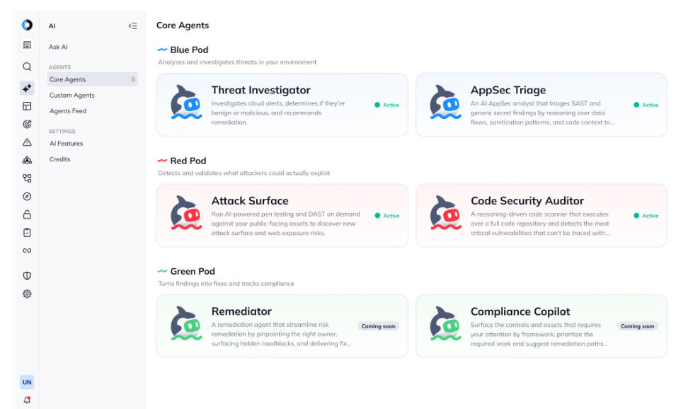 Orca Cloud Security Platform interface displaying AI Core Agents grouped into Blue, Red, and Green pods for threat analysis and remediation.