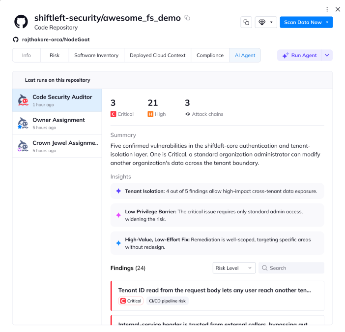 Orca Cloud Security Platform interface displaying code security audit findings and cross-tenant vulnerability risks for a code repository.
