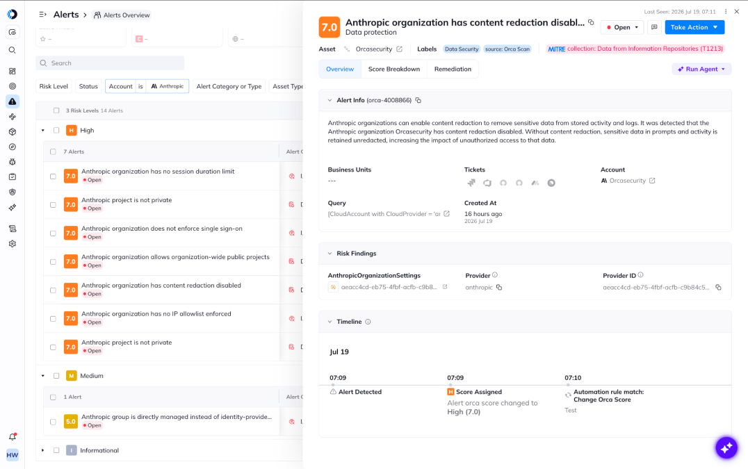 Orca Security platform dashboard showing a high-risk 7.0 data protection alert for an Anthropic organization with content redaction disabled.