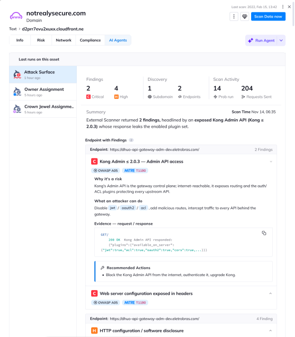 Orca Cloud Security Platform interface displaying attack surface evidence and recommended remediation for an exposed Kong Admin API.