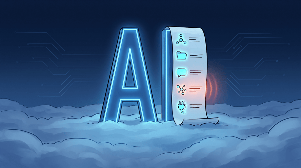 Digital illustration of a large 3D glowing AI structure next to a scrolling bill of materials document floating in a cloud environment.