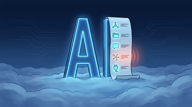 Digital illustration of a large 3D glowing AI structure next to a scrolling bill of materials document floating in a cloud environment.