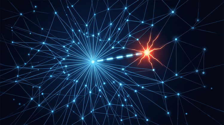 Digital network visualization highlighting a glowing orange threat node connected to a central cloud hub for AI threat detection.