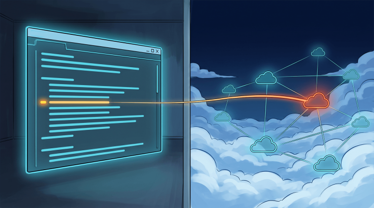 A split scene showing a code editor with one flagged vulnerability on the left, connected by a single glowing thread across a boundary to an exposed cloud workload node on the right