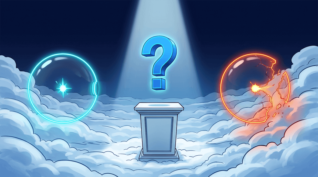 Digital illustration of an empty podium with a glowing blue question mark under a spotlight, contrasting a secure, intact cyan bubble on the left with a shattered, compromised orange bubble on the right to represent AI agent runtime security.