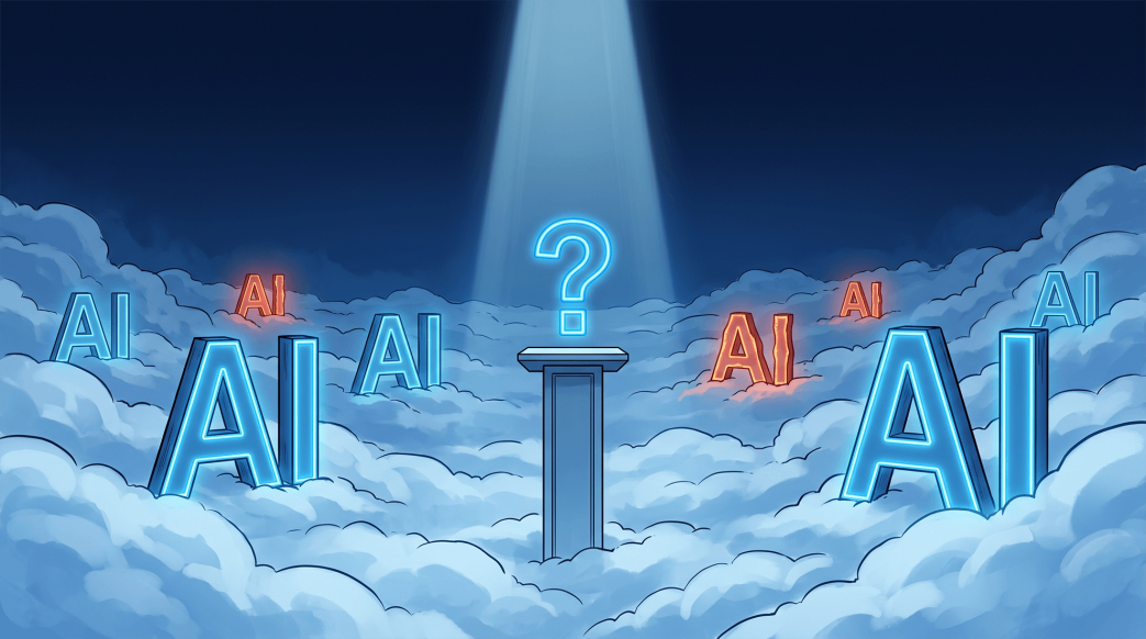 A spotlighted pedestal with a glowing question mark stands among large "AI" letterforms rising from the clouds, most glowing calm blue and a few glowing amber to signal unmanaged AI risk