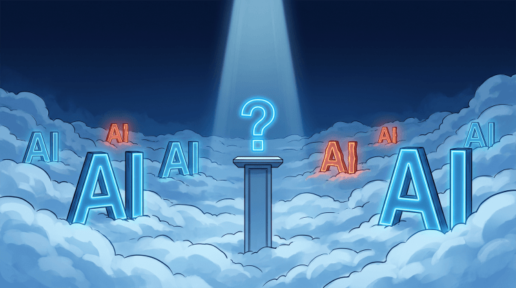 A spotlighted pedestal with a glowing question mark stands among large "AI" letterforms rising from the clouds, most glowing calm blue and a few glowing amber to signal unmanaged AI risk