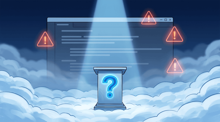 Illustration of a code editor window surrounded by red warning icons, with a glowing question mark on a pedestal representing the search for the right ASPM tool.