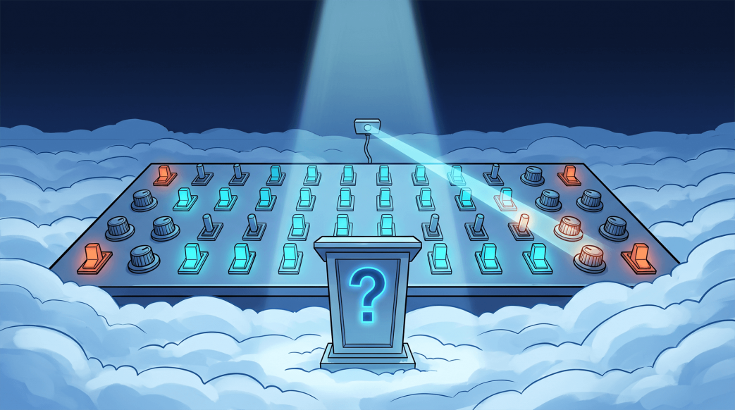Illustration of a large control panel floating above the clouds, covered in switches, knobs, and levers in blue and orange, being scanned by a spotlight from an overhead sensor. A glowing question mark on a pedestal stands in front, symbolizing the challenge of choosing the right cloud security posture management tool amid many configuration settings.