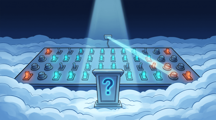 Illustration of a large control panel floating above the clouds, covered in switches, knobs, and levers in blue and orange, being scanned by a spotlight from an overhead sensor. A glowing question mark on a pedestal stands in front, symbolizing the challenge of choosing the right cloud security posture management tool amid many configuration settings.
