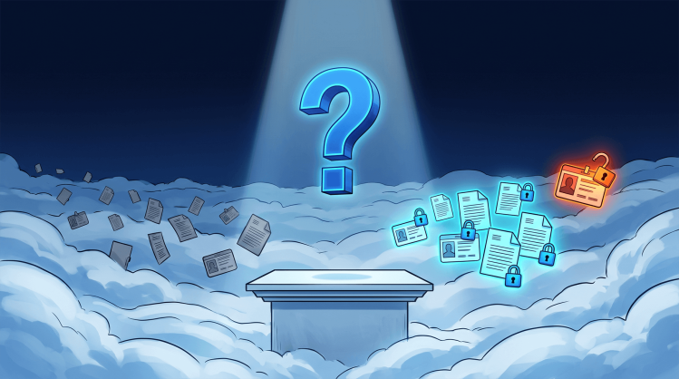 Digital illustration of a spotlighted podium with a blue question mark, contrasting unsecured files with locked data to represent evaluating DSPM tools.